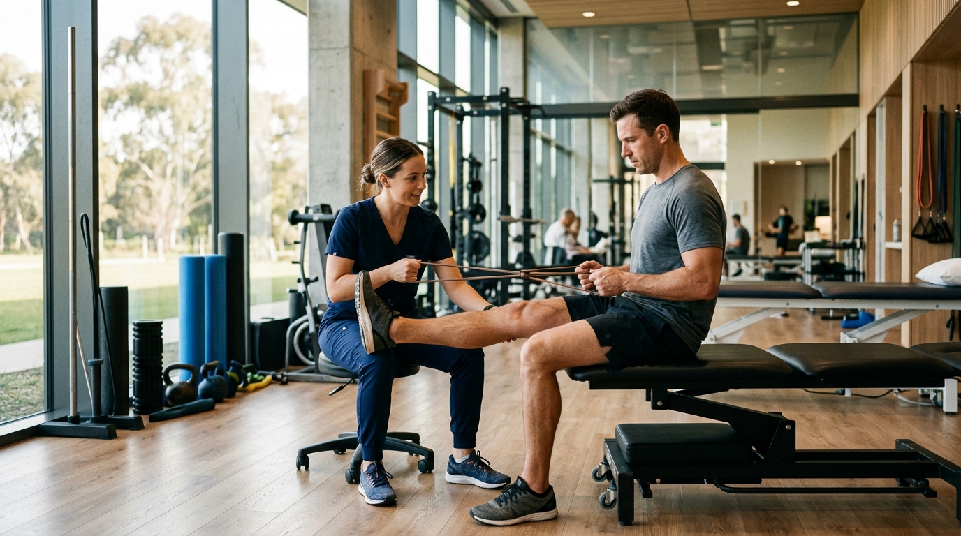 Modern sports science clinical rehabilitation center with athletic trainer guiding patient through isometric tendon loading exercises