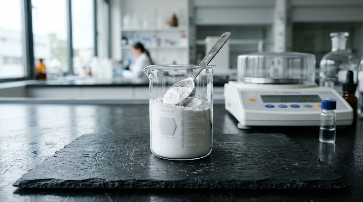 Clinical laboratory beaker with micronized creatine monohydrate powder and precision analytical scoop on slate surface