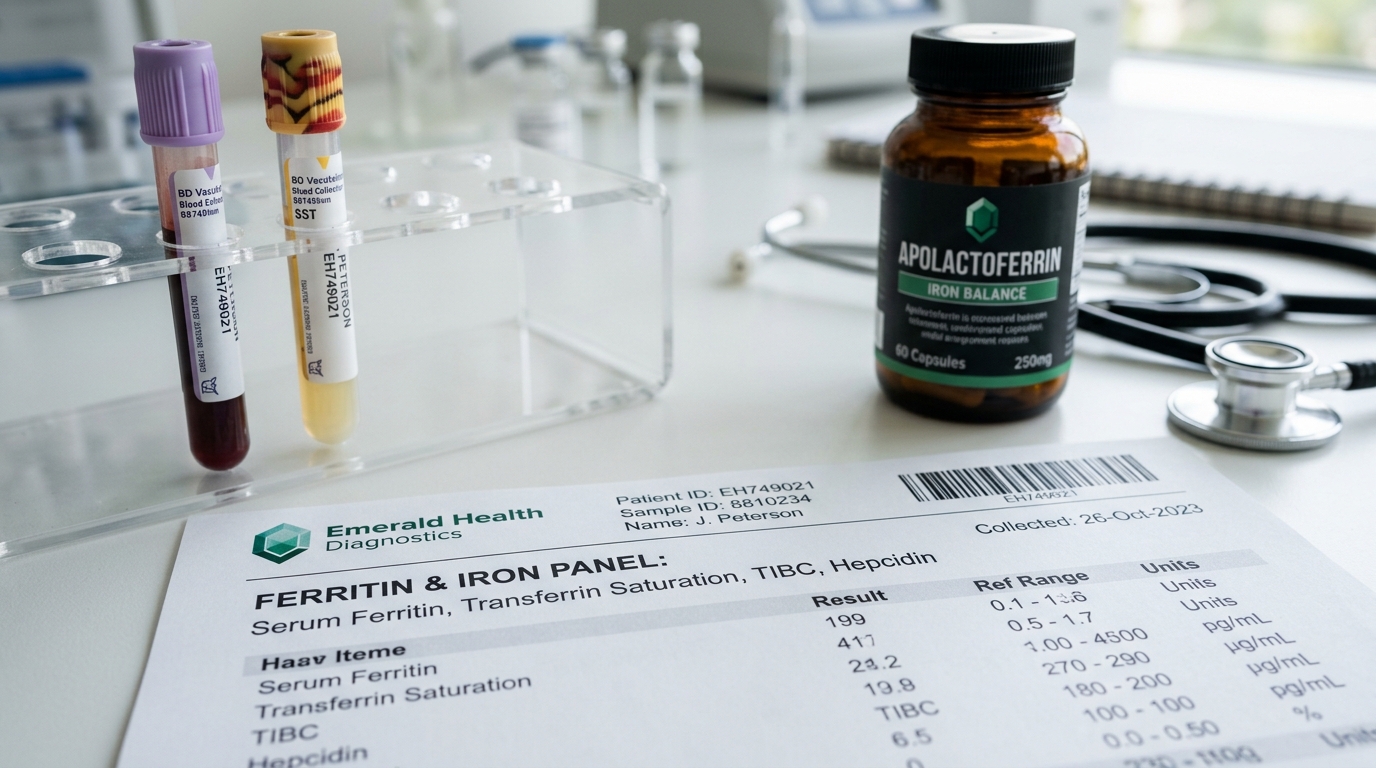 Clinical laboratory blood test requisition report for Ferritin and Iron Panel beside vacutainer tubes and Apolactoferrin bottle
