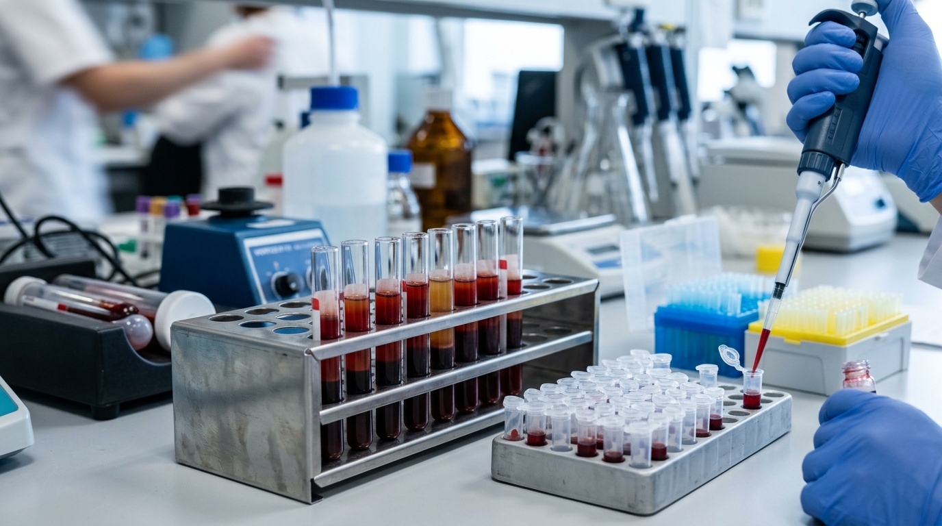 Clinical laboratory bench with blood diagnostic test tubes in a stainless steel rack and precision micropipetting station for biomarker analysis