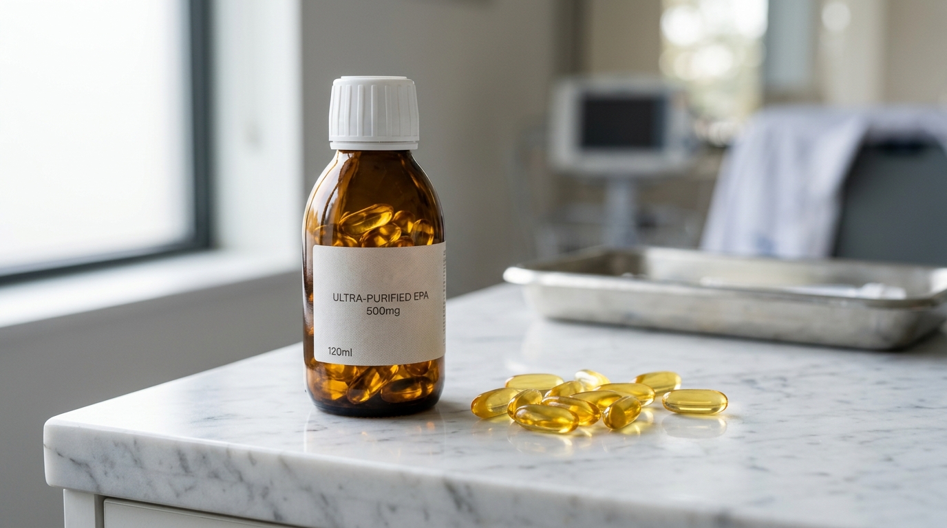 Pharmaceutical amber bottle and purified golden icosapent ethyl softgels on sterile clinic surface