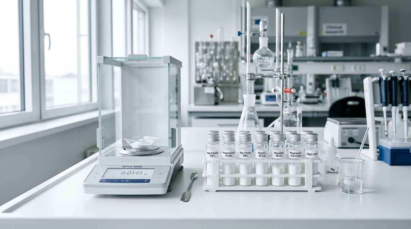 Clinical analytical balance and pharmaceutical glass vials of elemental magnesium glycinate and threonate compounds