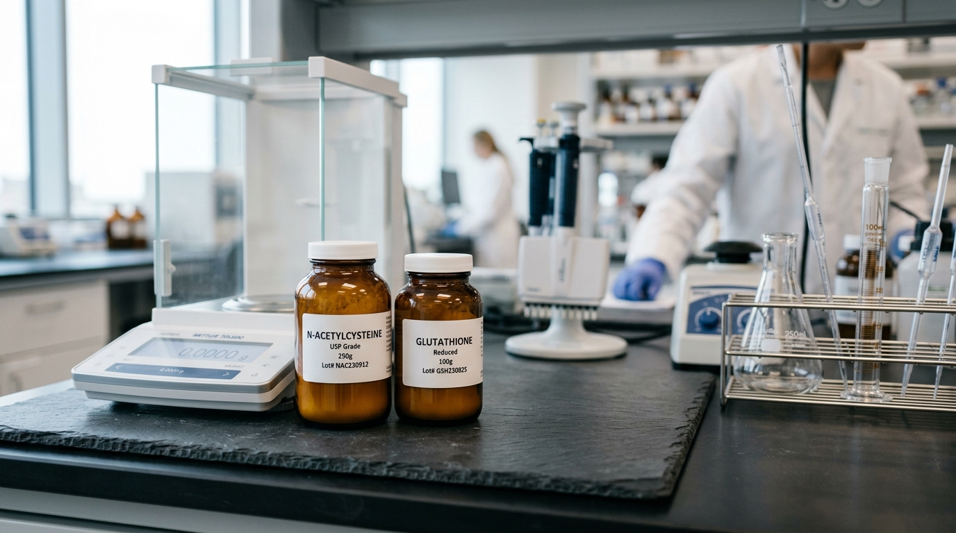 Pharmaceutical grade amber glass bottles of N-Acetylcysteine and Glutathione on sterile laboratory bench
