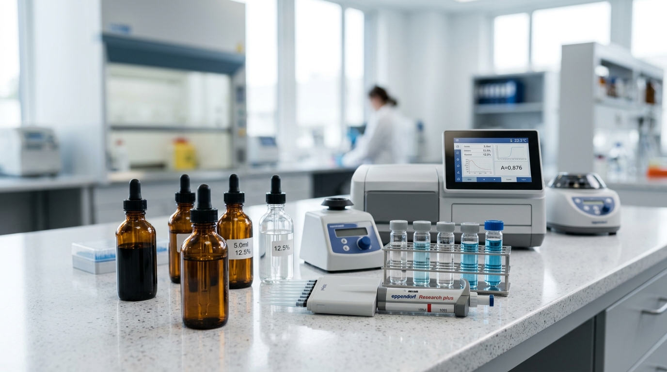 Clinical laboratory bench with amber glass dropper bottles, precision pipettes, and diagnostic analytical testing equipment