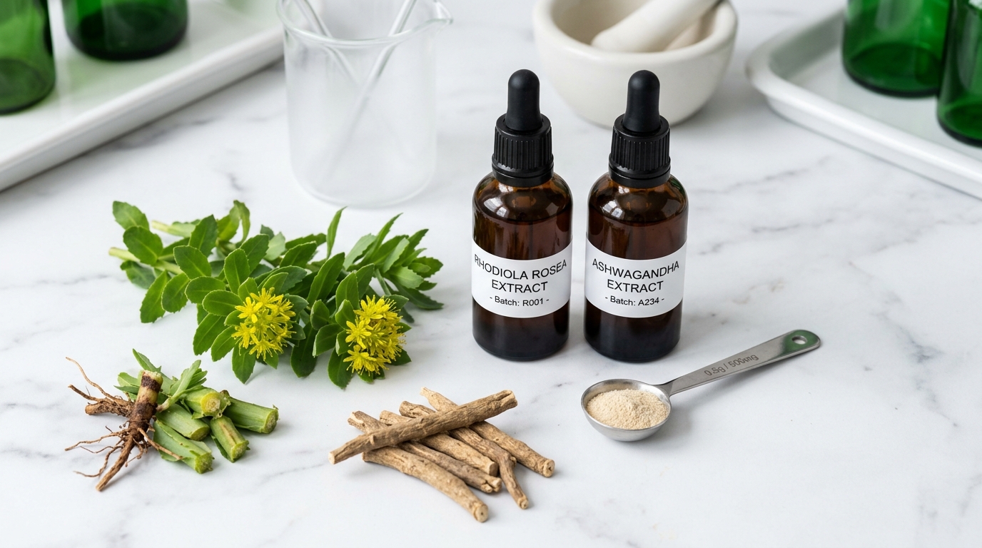 Clinical laboratory flat-lay comparing Rhodiola Rosea golden roots and Ashwagandha root extract bottles
