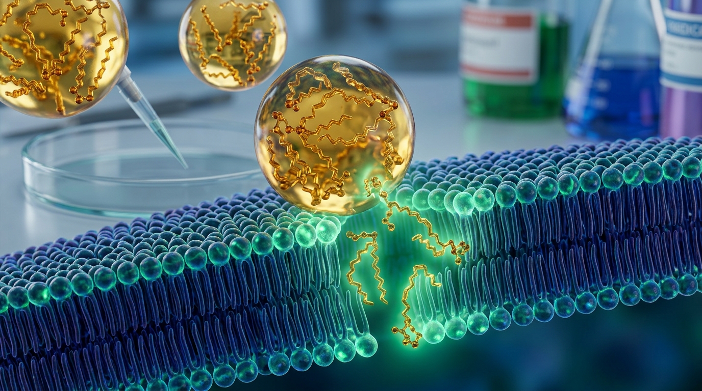 Molecular visualization of pure re-esterified triglyceride rTG omega-3 fish oil EPA and DHA integrating into cellular phospholipid bilayer