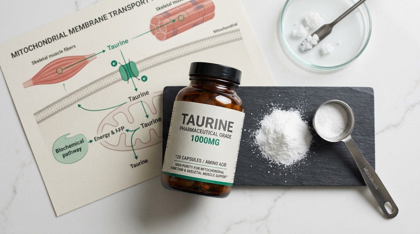 Pharmaceutical grade Taurine powder and supplement bottle beside anatomical mitochondrial transport diagram