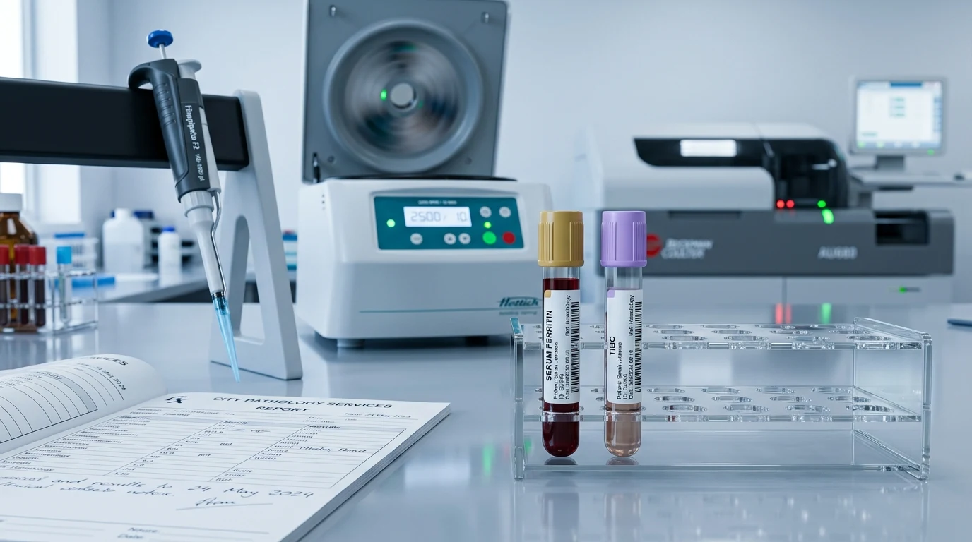 Diagnostic medical pathology laboratory workstation with sterile vacutainer blood tubes for ferritin and iron panel testing
