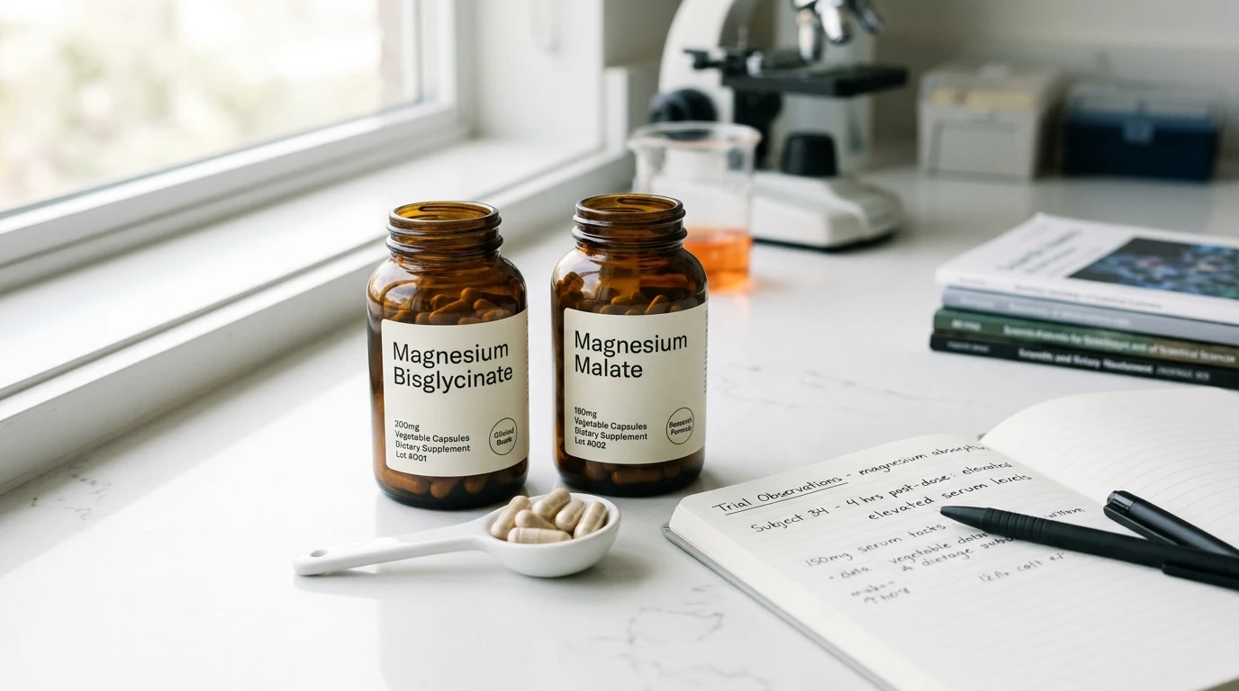 Clinical nutrition research desk with amber supplement bottles of magnesium bisglycinate and magnesium malate capsules